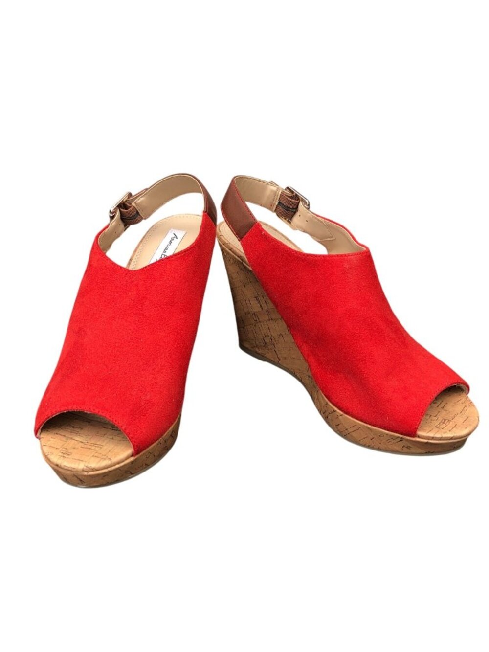 American Eagle Wedge Sandal Red Suede Cork Heels Womens 8.5 Shoes Peep Toe 13994